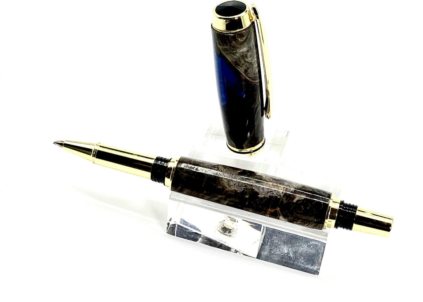 JR. GENTLEMAN’S ROLLER BALL PEN- BUCKEYE BURL AND BLUE PEARL RESIN