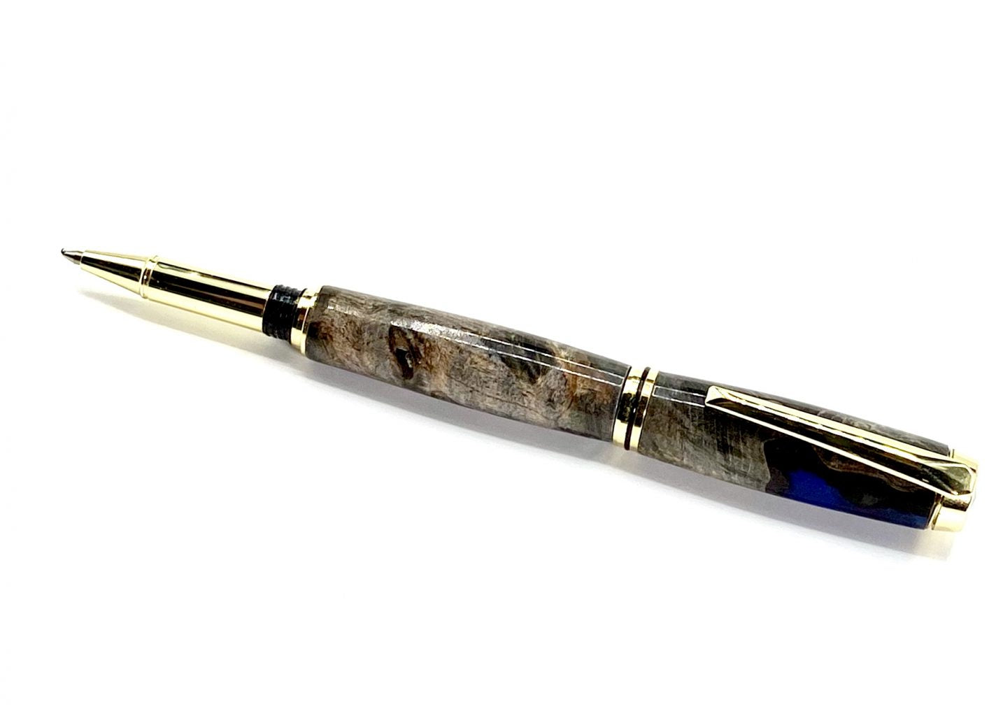 JR. GENTLEMAN’S ROLLER BALL PEN- BUCKEYE BURL AND BLUE PEARL RESIN