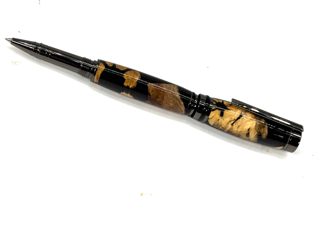 CAMERON ROLLER BALL PEN -MAPLE BURL IN BLACK RESIN