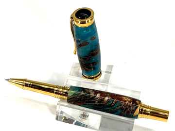 CAMERON ROLLER BALL PEN  14kt GOLD-PINE CONE IN AQUA RESIN