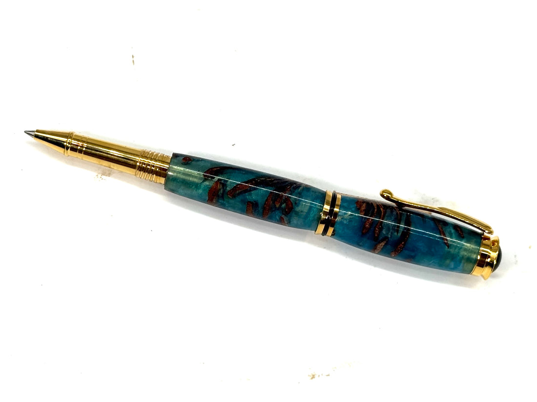 CAMERON ROLLER BALL PEN  14kt GOLD-PINE CONE IN AQUA RESIN