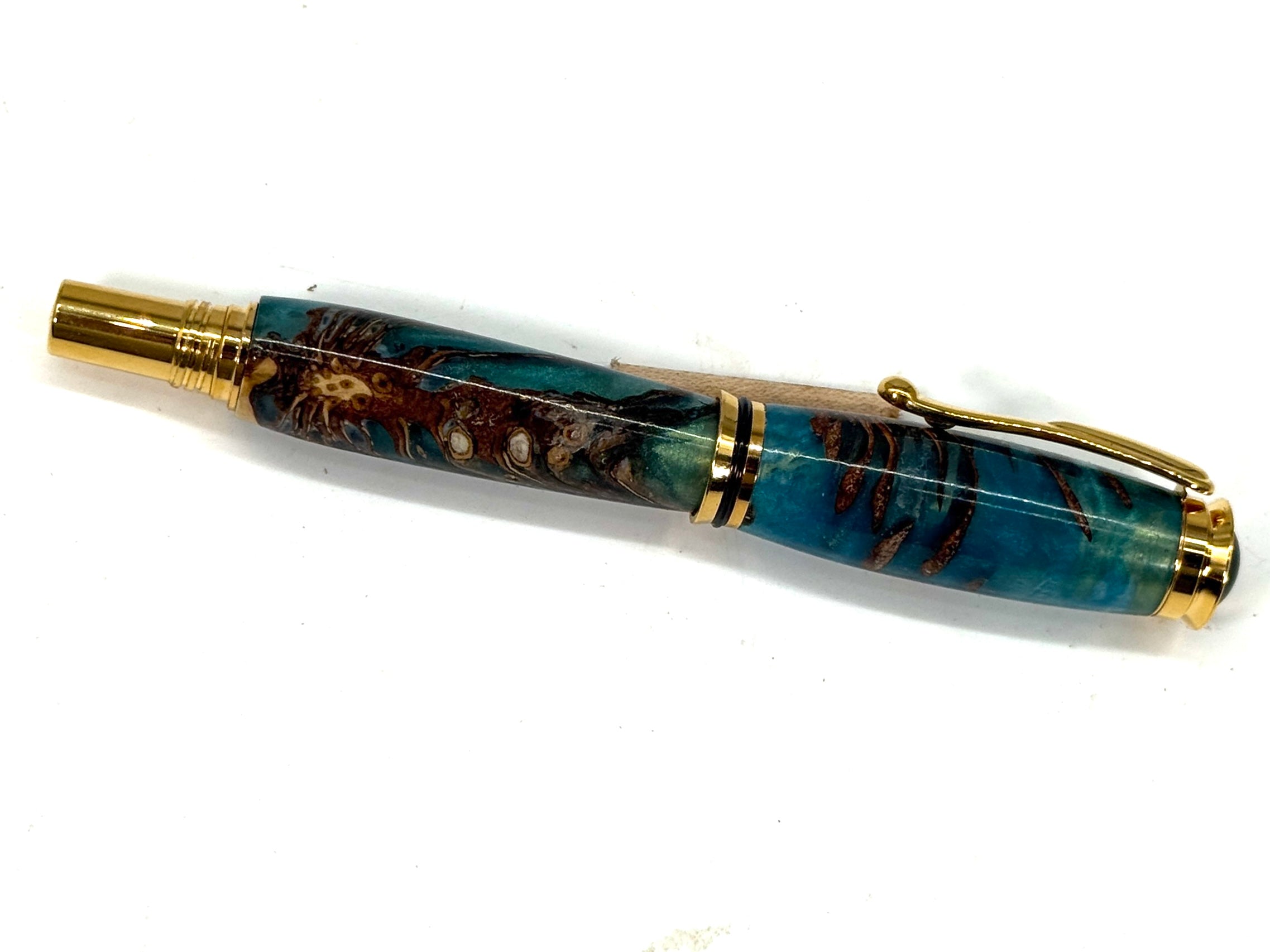 CAMERON ROLLER BALL PEN  14kt GOLD-PINE CONE IN AQUA RESIN