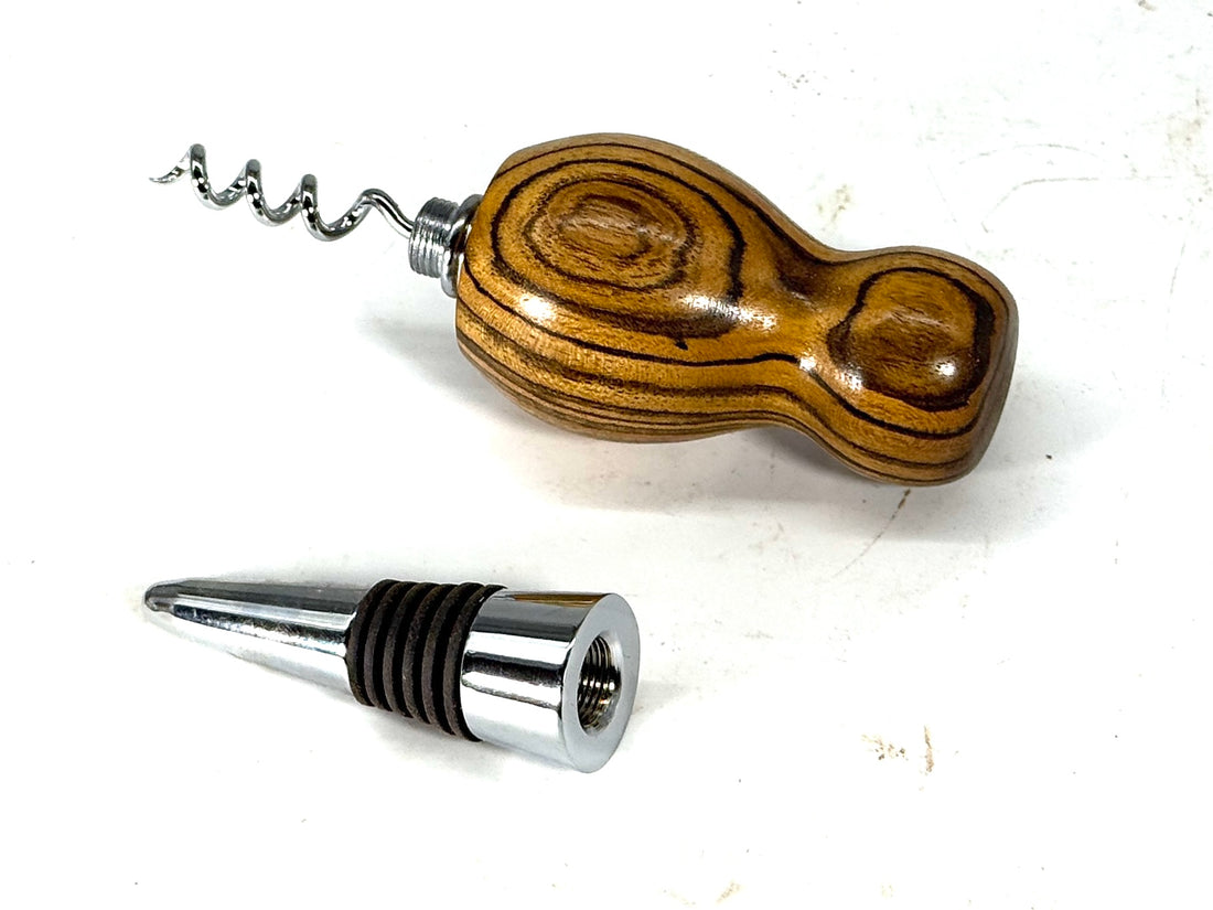 BOTTLE STOPPER/CORK SCREW-ZEBRAWOOD