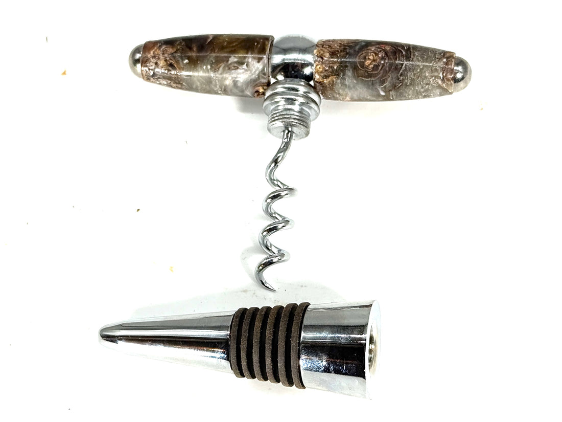 T-BOTTLE STOPPER/CORK SCREW-MINI PINE CONES IN RESIN
