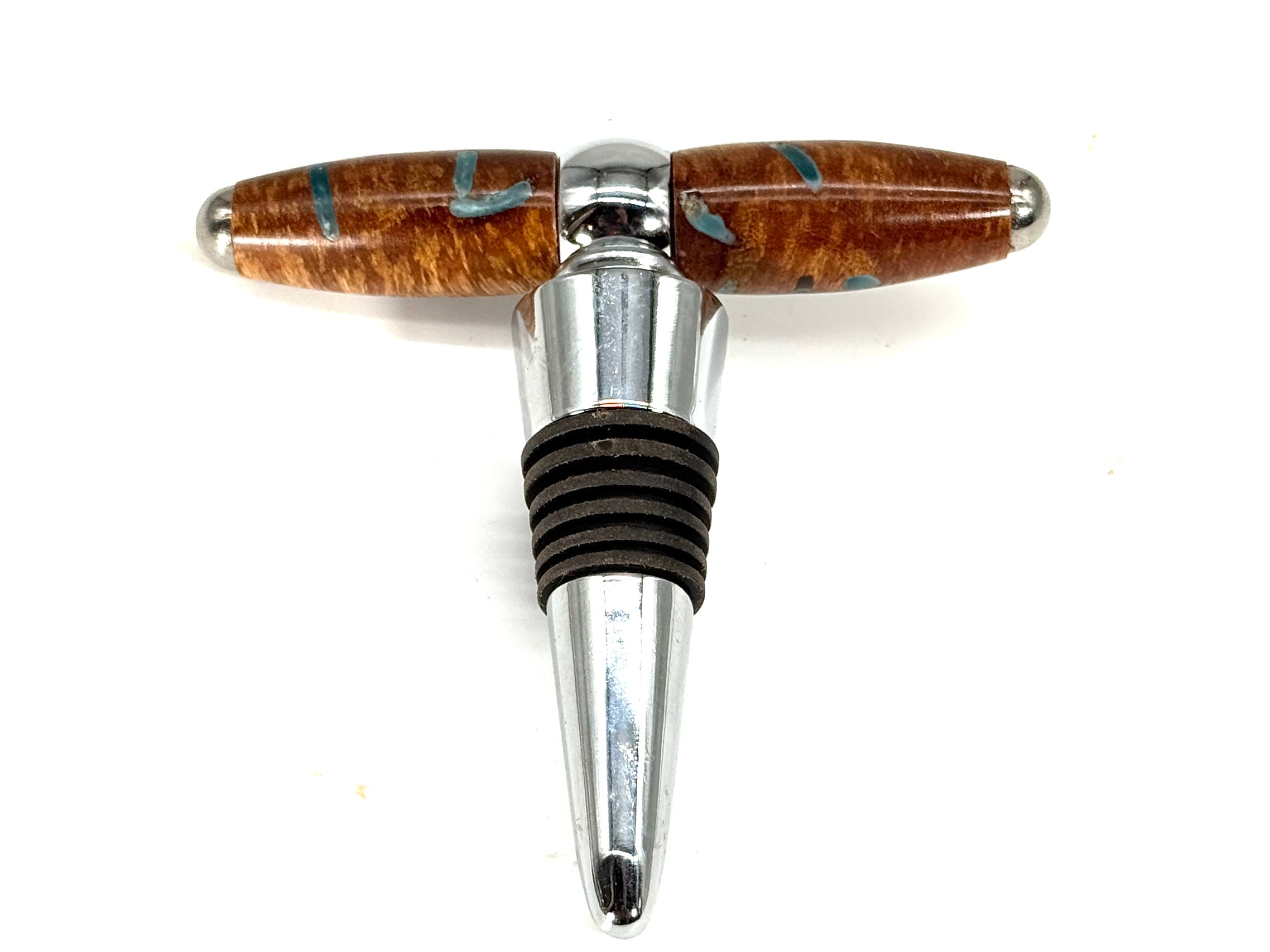 T-BOTTLE STOPPER/CORK SCREW-BROWN MALEE BURL WITH GREEN RESIN