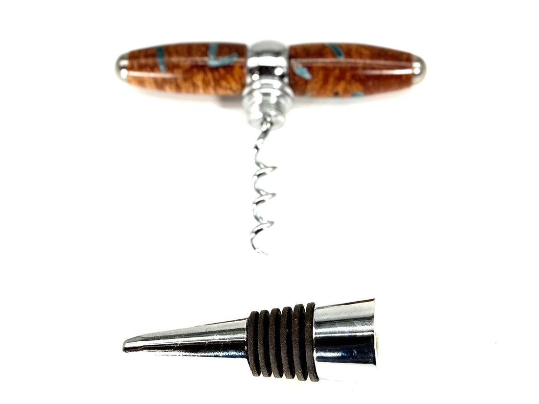 T-BOTTLE STOPPER/CORK SCREW-BROWN MALEE BURL WITH GREEN RESIN