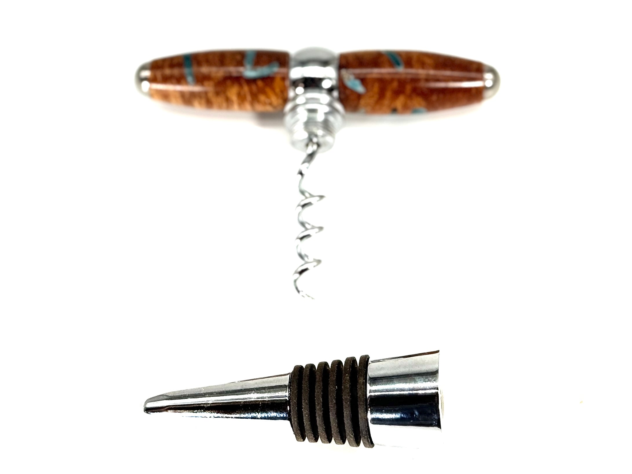 T-BOTTLE STOPPER/CORK SCREW-BROWN MALEE BURL WITH GREEN RESIN