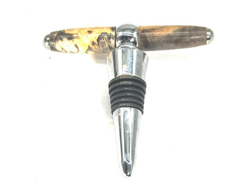T-BOTTLE STOPPER/CORK SCREW-MAPLE BURL AND BLUE RESIN