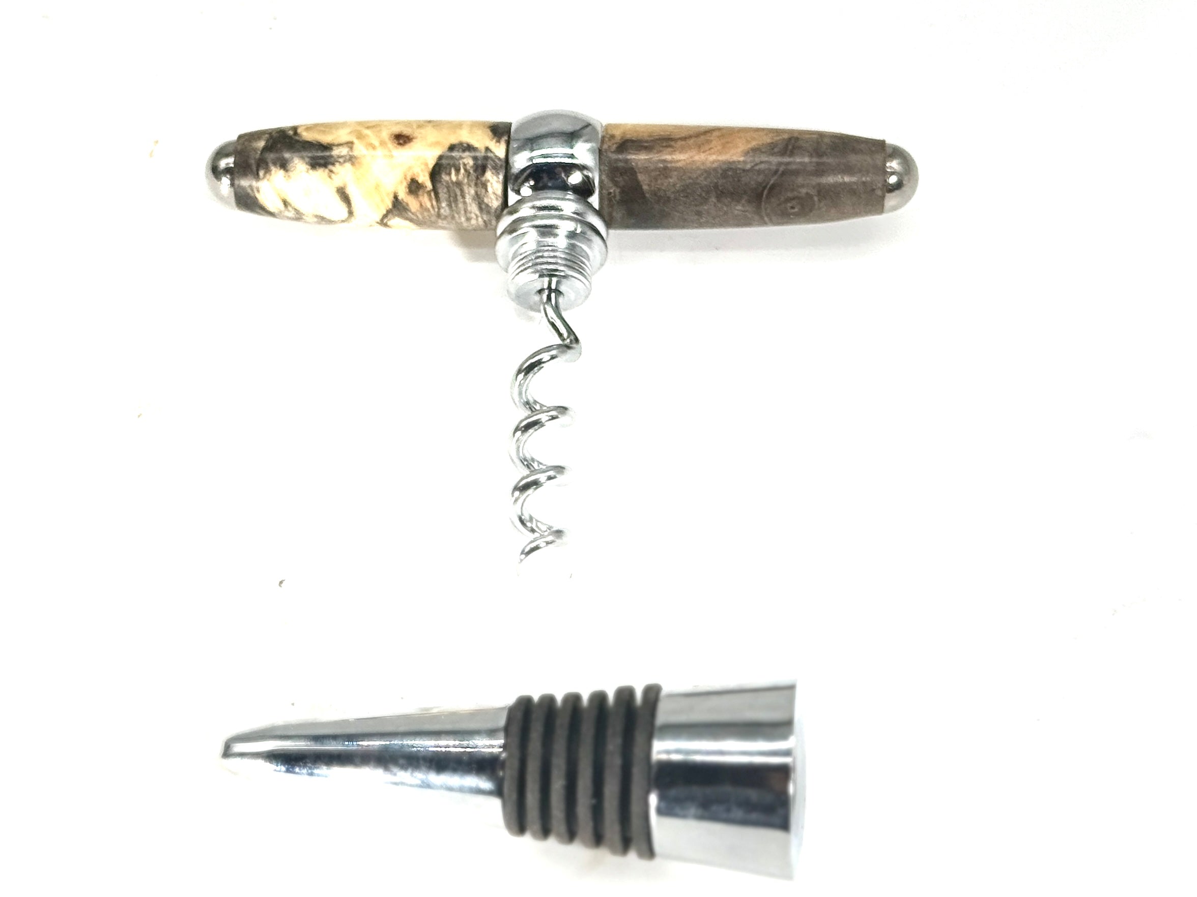 T-BOTTLE STOPPER/CORK SCREW-MAPLE BURL AND BLUE RESIN